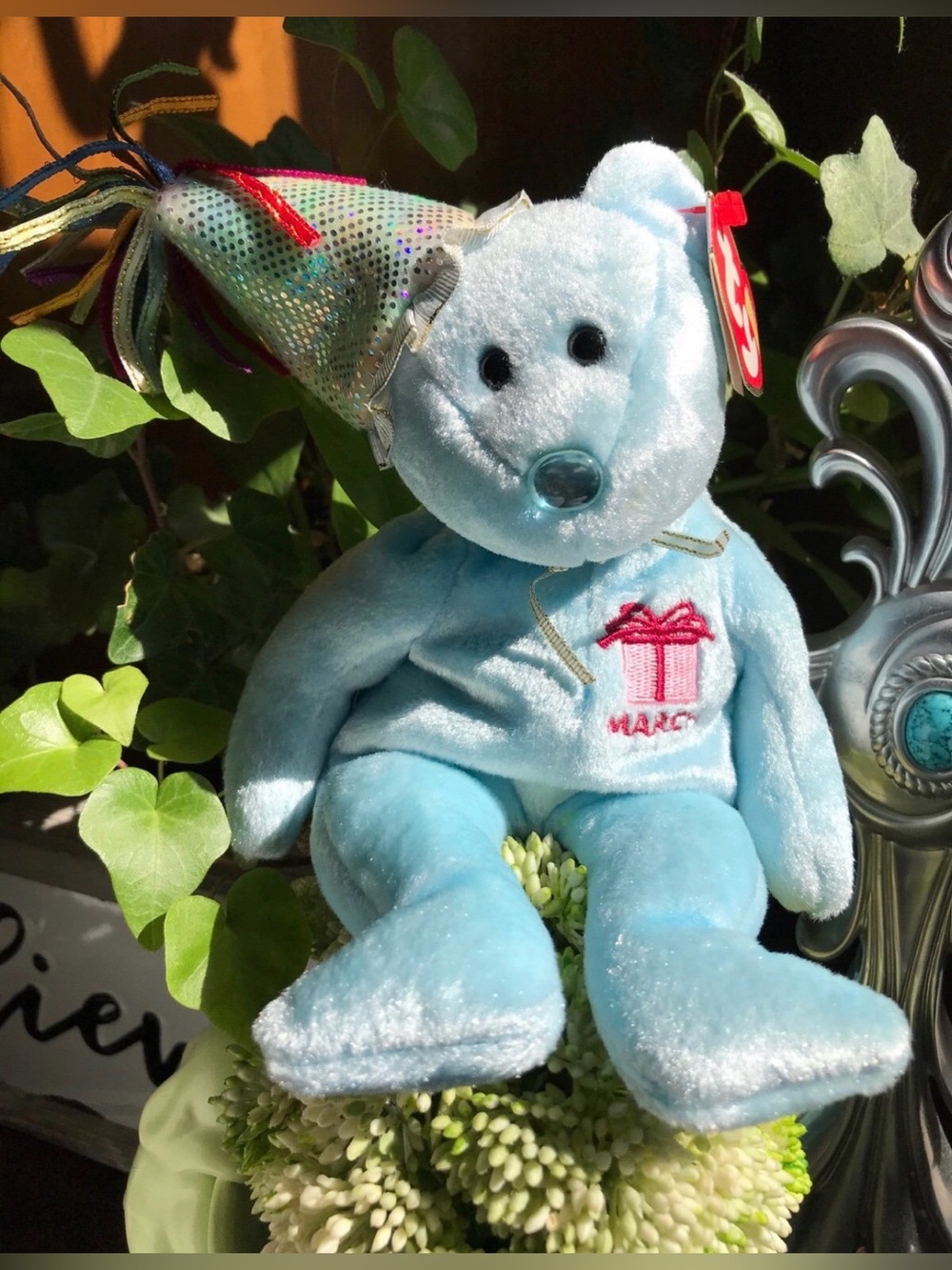 Ty 2002 Light Blue Birthday Bear with Sequin Hat